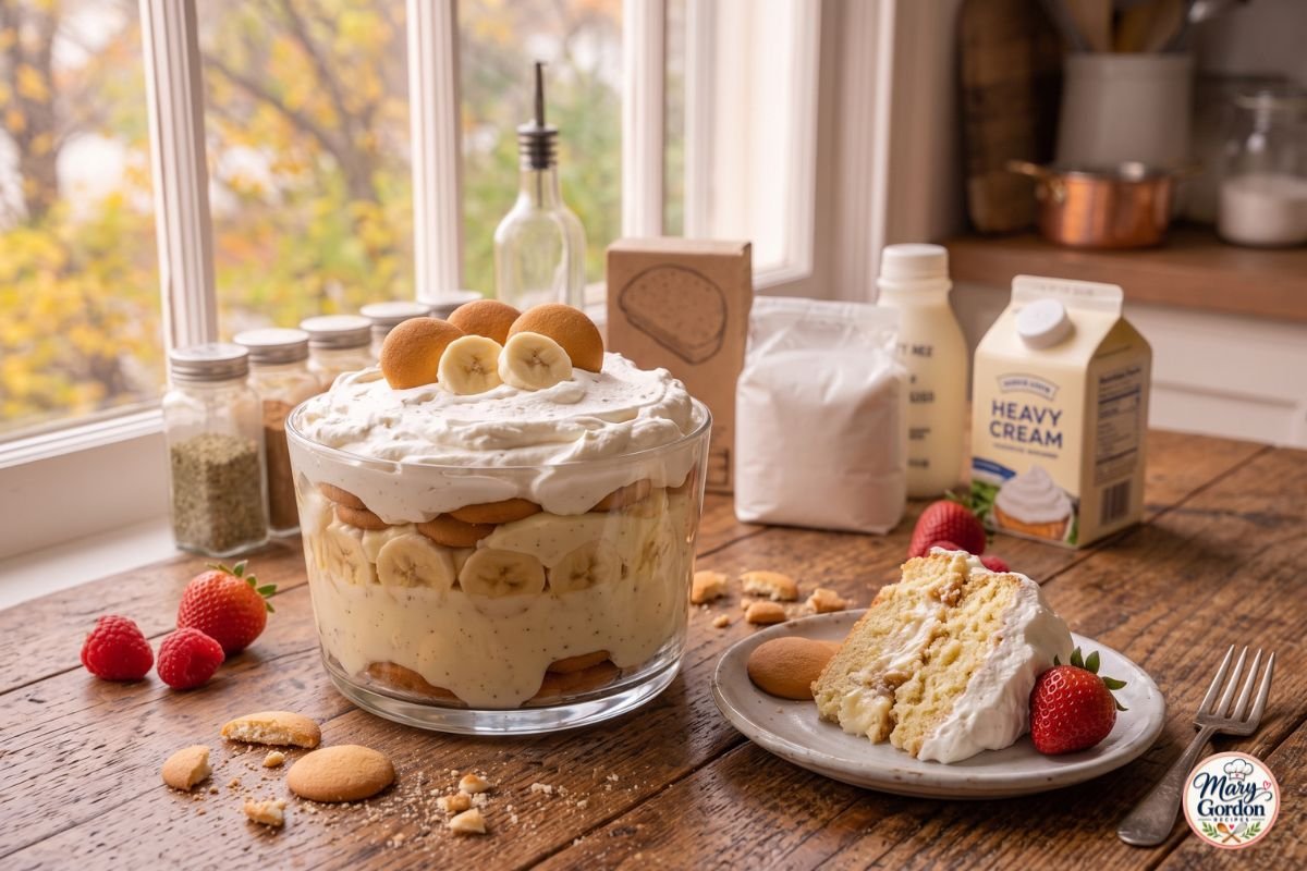 Homemade banana pudding layered with vanilla wafers, bananas and creamy vanilla pudding