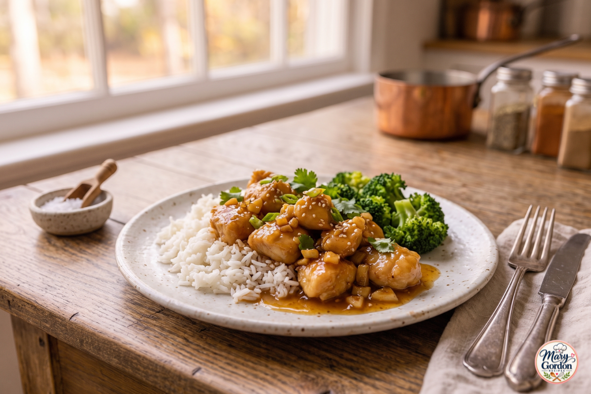 Honey garlic chicken with glossy sauce, sesame seeds, green onions and steamed rice
