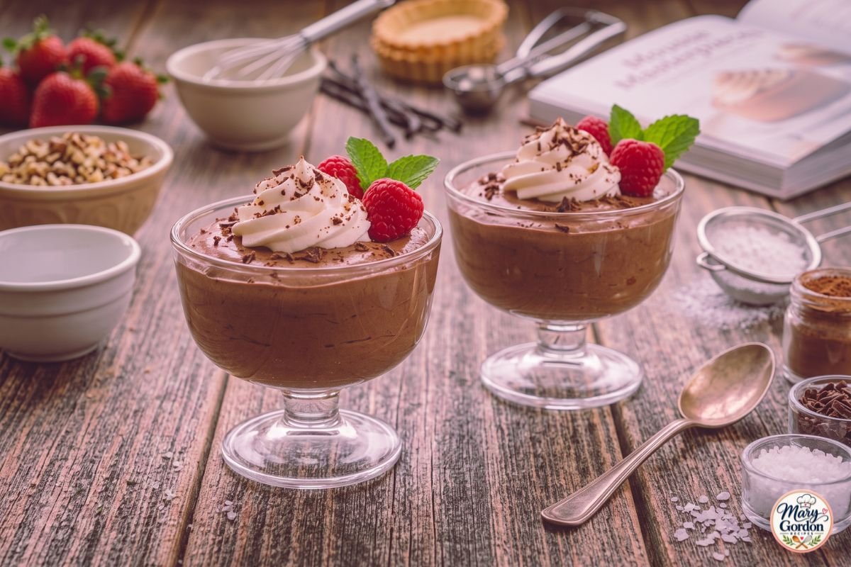 Keto chocolate mousse topped with whipped cream, raspberries, and chocolate shavings
