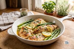 Lemon asparagus chicken with juicy golden chicken breasts and fresh asparagus in a lemon garlic sauce