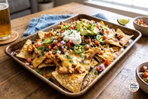 Loaded chicken nachos with melted cheese, seasoned chicken, black beans, jalapeños, avocado and fresh toppings