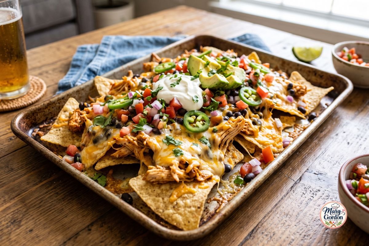 Loaded chicken nachos with melted cheese, seasoned chicken, black beans, jalapeños, avocado and fresh toppings