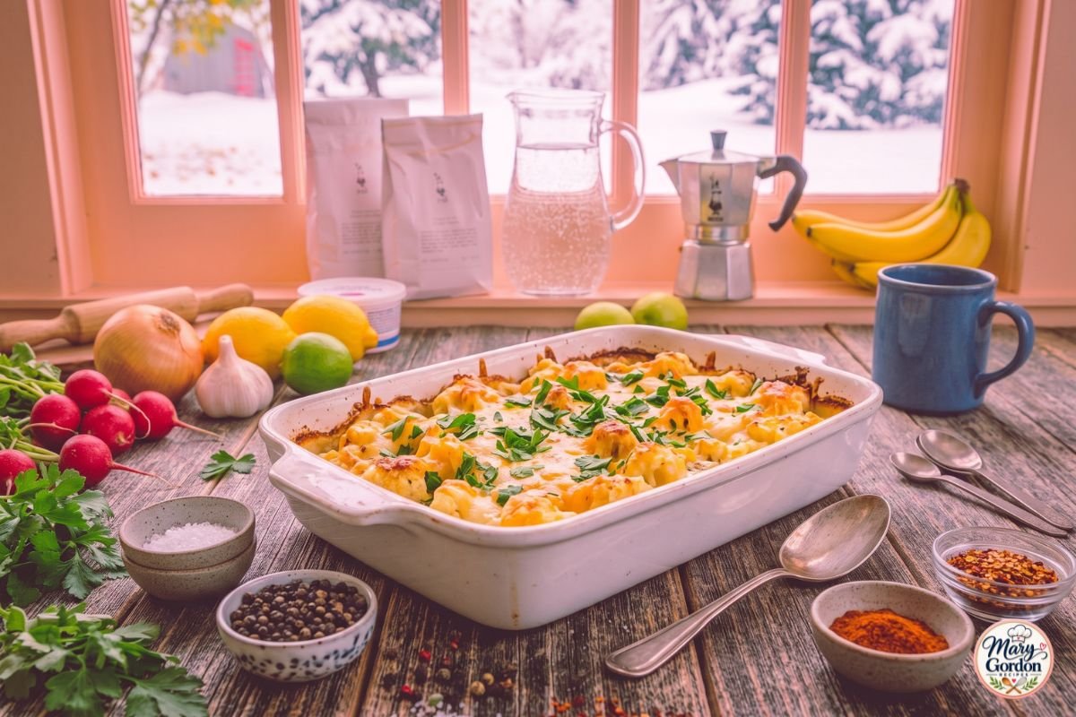 Low-carb cheesy cauliflower casserole with golden melted cheddar and Parmesan