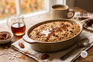 Maple pecan baked oatmeal with cinnamon and toasted pecans