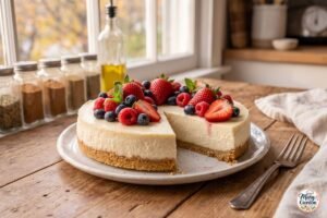 No-bake cheesecake with creamy filling, graham cracker crust and fresh berries