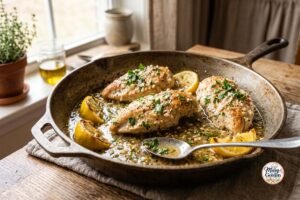 One-pan lemon garlic chicken with fresh lemon and parsley