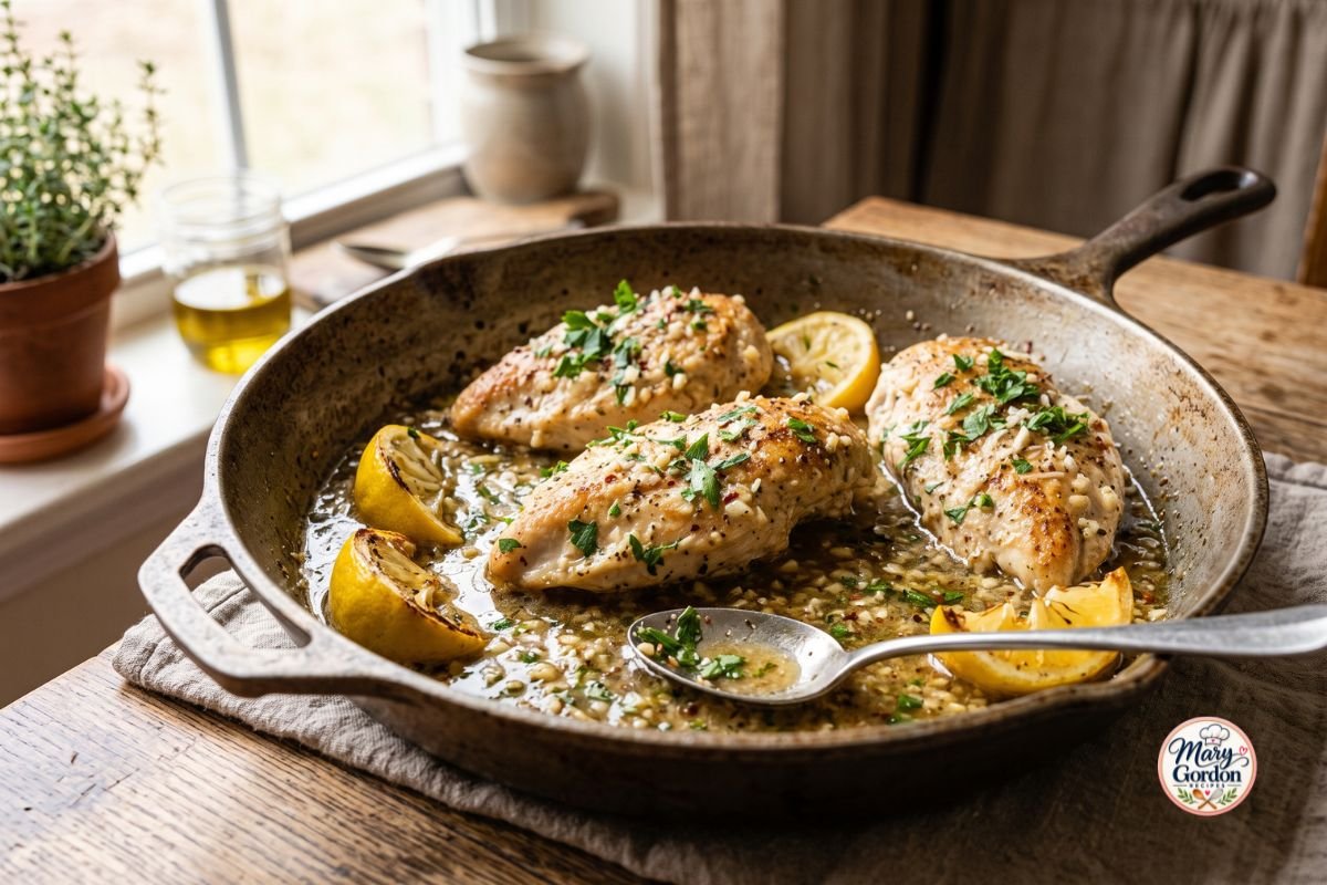 One-pan lemon garlic chicken with fresh lemon and parsley