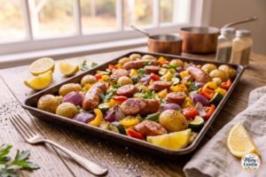 One-pan sausage and vegetables with roasted potatoes, zucchini and colorful peppers