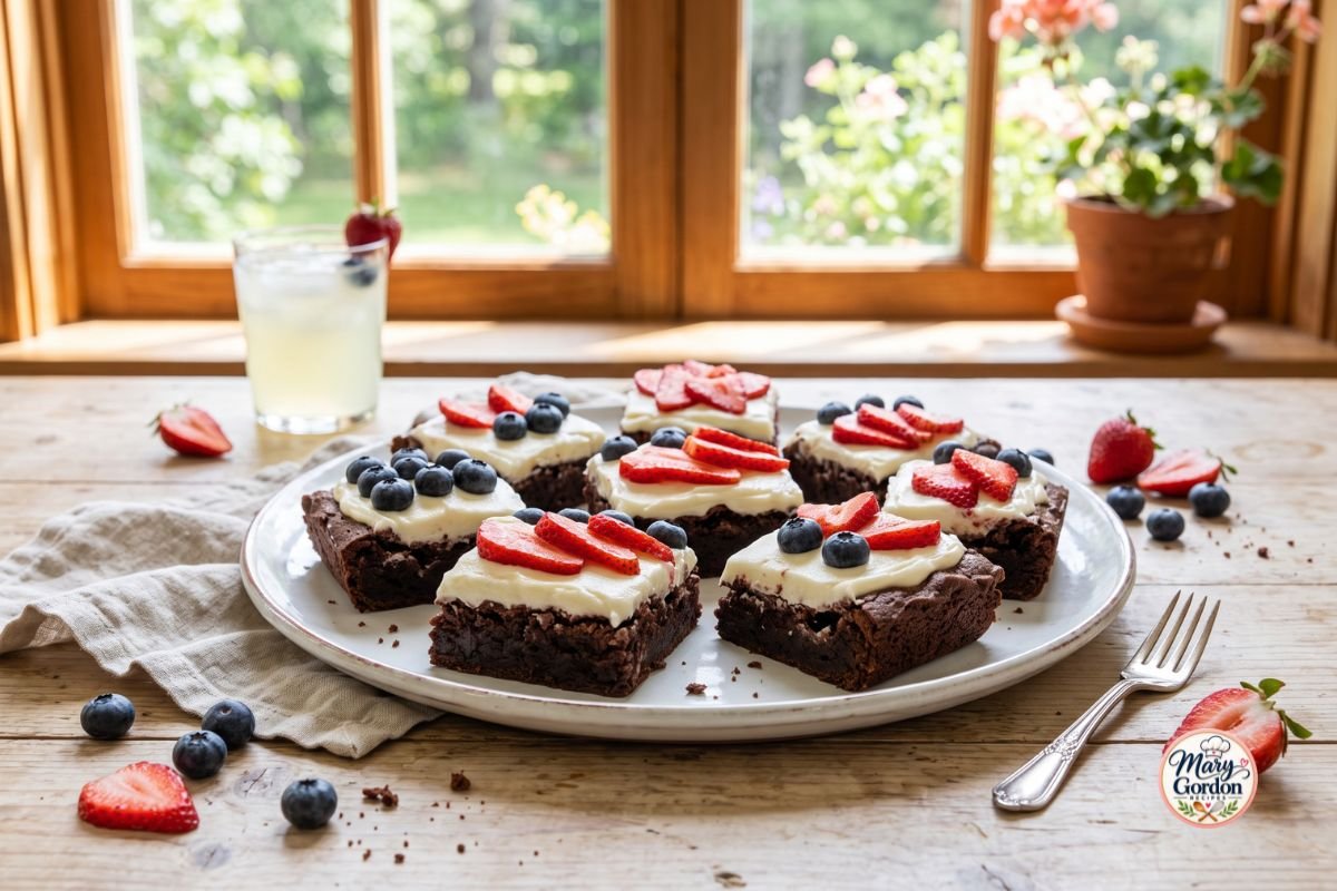 Red white and blue brownies topped with cream cheese frosting, strawberries, and blueberries
