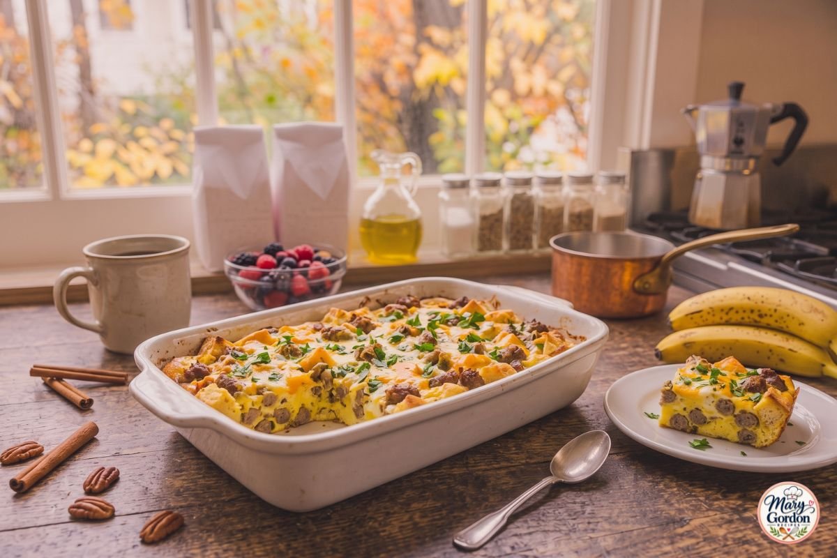 Sausage and egg breakfast casserole with melted cheese and golden baked eggs