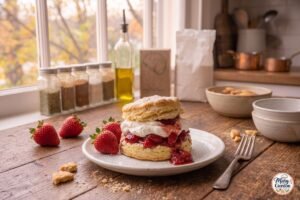 Classic strawberry shortcake with fresh strawberries, homemade biscuit and whipped cream
