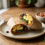 Low calorie breakfast burrito filled with scrambled eggs, black beans, spinach, peppers, and melted cheese