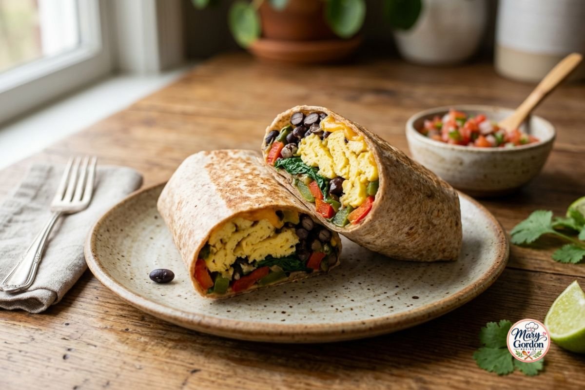Low calorie breakfast burrito filled with scrambled eggs, black beans, spinach, peppers, and melted cheese