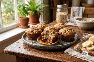 Soft and moist homemade banana bread muffins on a rustic plate