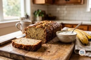 Moist homemade banana bread made with yogurt sliced on a wooden board