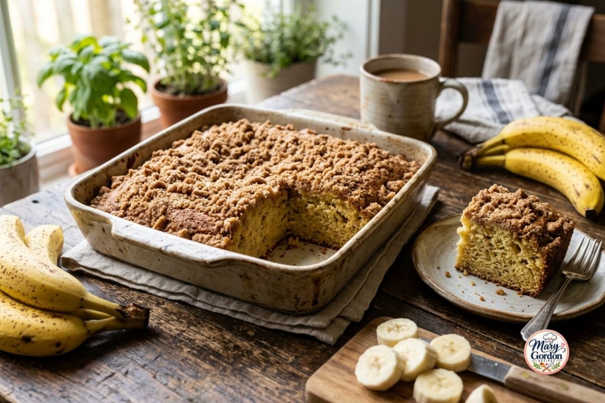 Moist homemade banana coffee cake with buttery cinnamon crumb topping