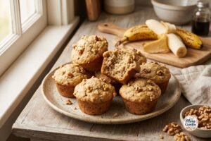 Soft homemade banana nut muffins topped with chopped walnuts