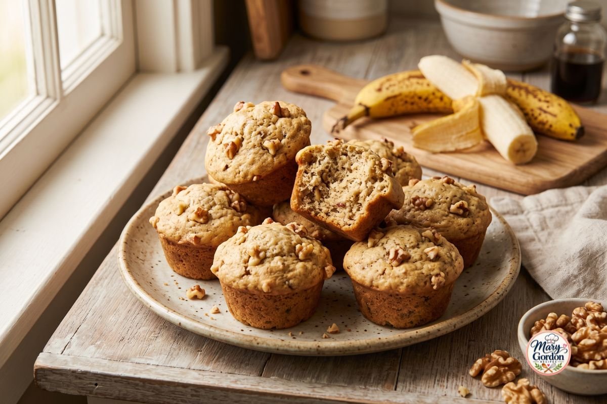 Soft homemade banana nut muffins topped with chopped walnuts