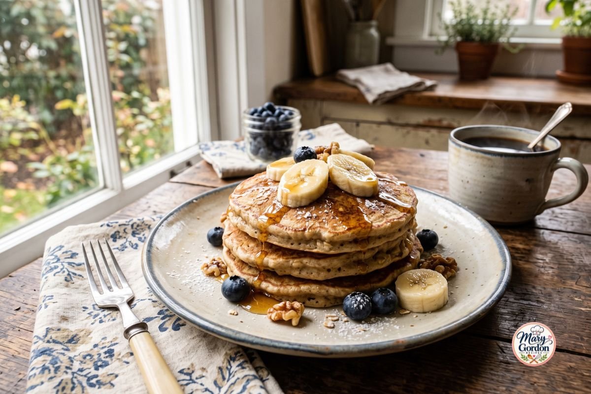 Fluffy homemade banana pancakes topped with banana slices and maple syrup
