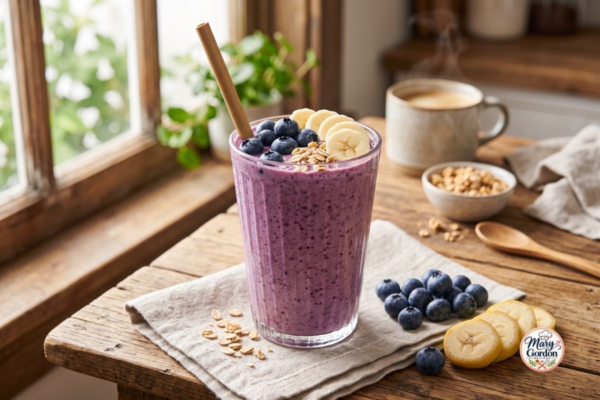 Creamy blueberry banana smoothie topped with fresh blueberries