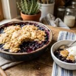 Homemade blueberry cobbler with juicy blueberries and a golden biscuit-style topping served with vanilla ice cream