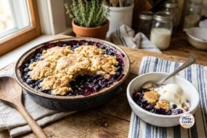 Homemade blueberry cobbler with juicy blueberries and a golden biscuit-style topping served with vanilla ice cream