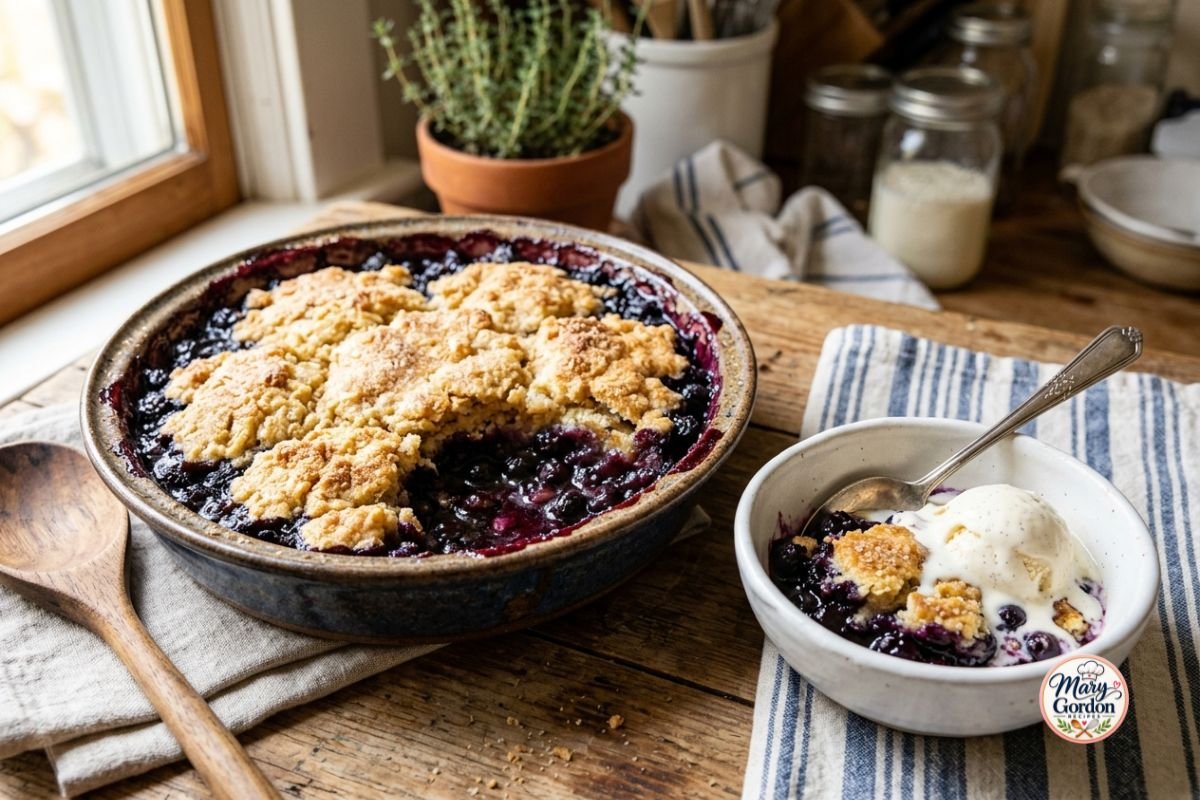 Homemade blueberry cobbler with juicy blueberries and a golden biscuit-style topping served with vanilla ice cream