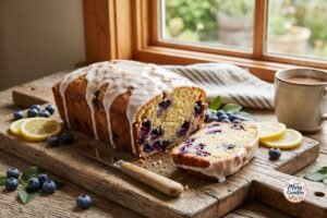 Moist blueberry lemon bread with sweet lemon glaze and fresh blueberries