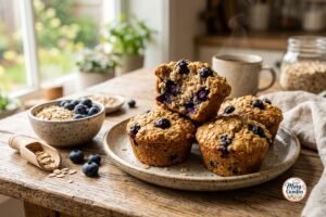 Soft and moist blueberry oatmeal muffins with fresh blueberries