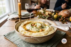 Creamy brown butter mashed potatoes topped with golden brown butter and fresh chives