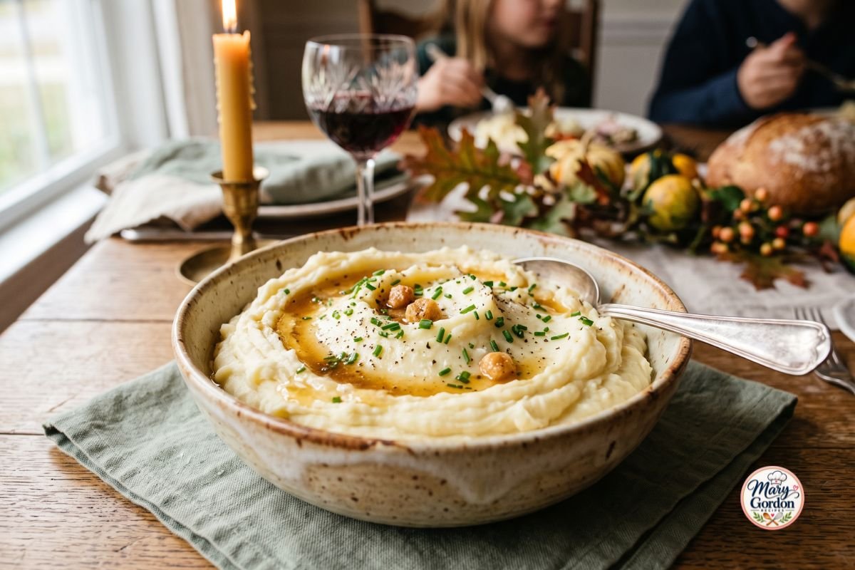 Creamy brown butter mashed potatoes topped with golden brown butter and fresh chives