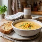 Creamy cheddar cheese soup served in a bowl with shredded cheddar and fresh parsley