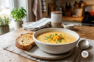Creamy cheddar cheese soup served in a bowl with shredded cheddar and fresh parsley