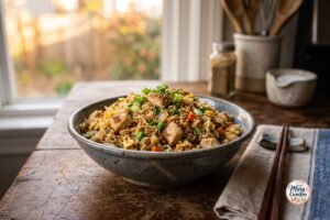 Homemade chicken fried rice with chicken, eggs, vegetables, and green onions