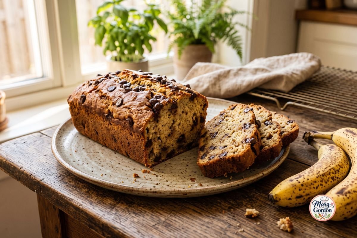 Moist homemade chocolate chip banana bread sliced with melted chocolate chips