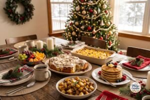 Festive Christmas breakfast table with cinnamon rolls, breakfast casserole, pancakes and fresh fruit