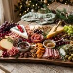Festive Christmas charcuterie board with cheeses, meats, grapes, cranberries, crackers, and rosemary