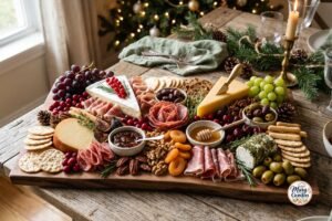 Festive Christmas charcuterie board with cheeses, meats, grapes, cranberries, crackers, and rosemary