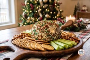 Festive Christmas cheese ball coated with pecans and fresh herbs served with crackers