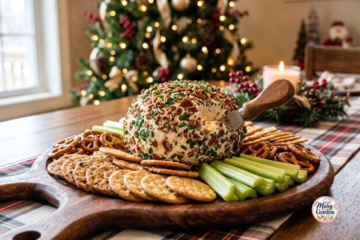 Festive Christmas cheese ball coated with pecans and fresh herbs served with crackers