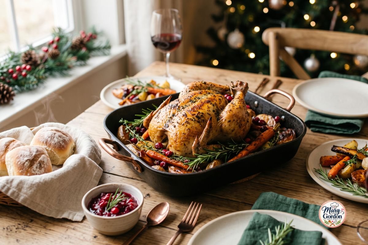 Festive Christmas chicken dinner with roasted herb chicken, vegetables, and holiday sides