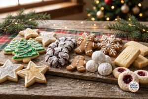 Assorted homemade Christmas cookies on a festive holiday dessert tray