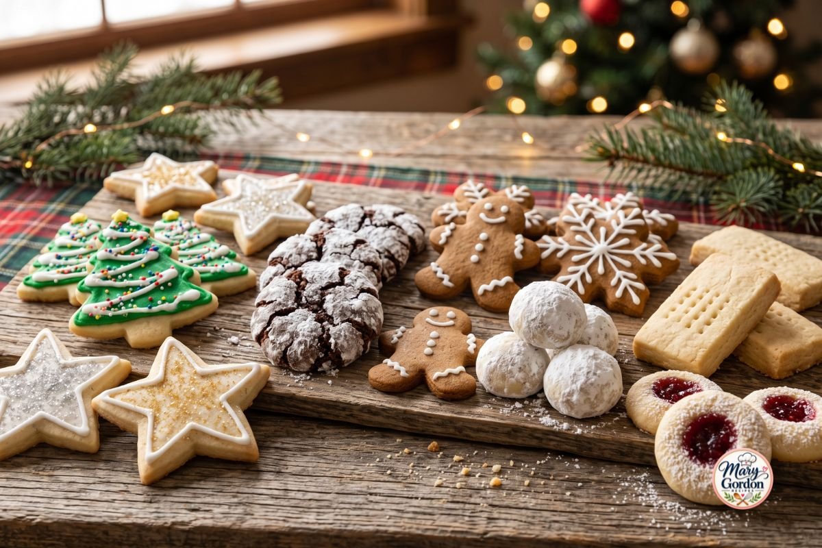 Assorted homemade Christmas cookies on a festive holiday dessert tray