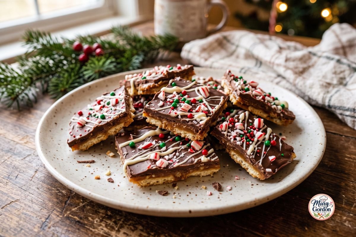 Homemade Christmas crack candy with chocolate and festive holiday toppings
