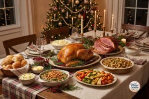 Traditional Christmas dinner table with turkey, ham, mashed potatoes and holiday side dishes