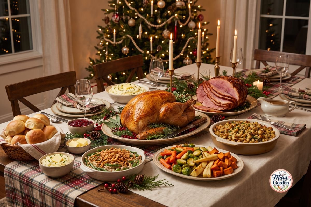 Traditional Christmas dinner table with turkey, ham, mashed potatoes and holiday side dishes