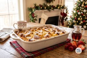 Christmas French toast bake with powdered sugar, berries, and maple syrup