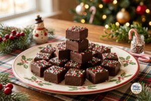 Easy Christmas fudge squares topped with festive red and green sprinkles