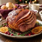Christmas ham with brown sugar maple glaze served on a festive holiday dinner table