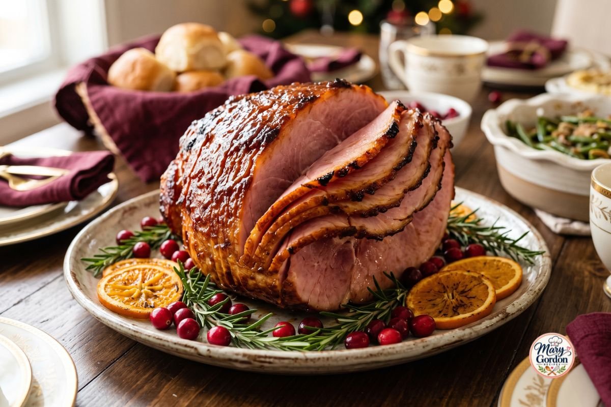 Christmas ham with brown sugar maple glaze served on a festive holiday dinner table